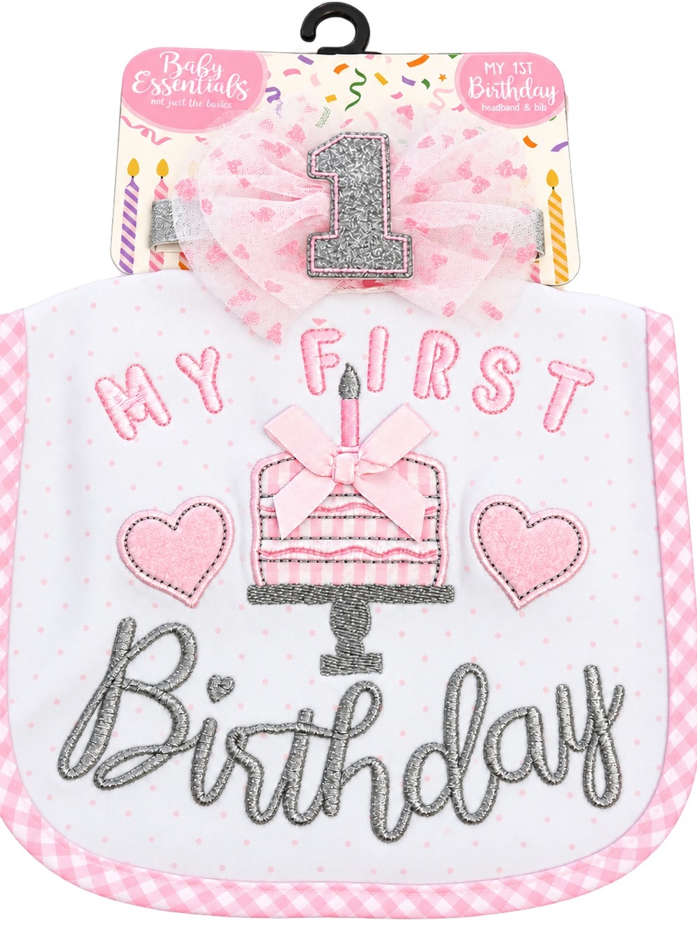 NWT Essentials Pink & Silver First Birthday Bib with Glitter '1' Headband